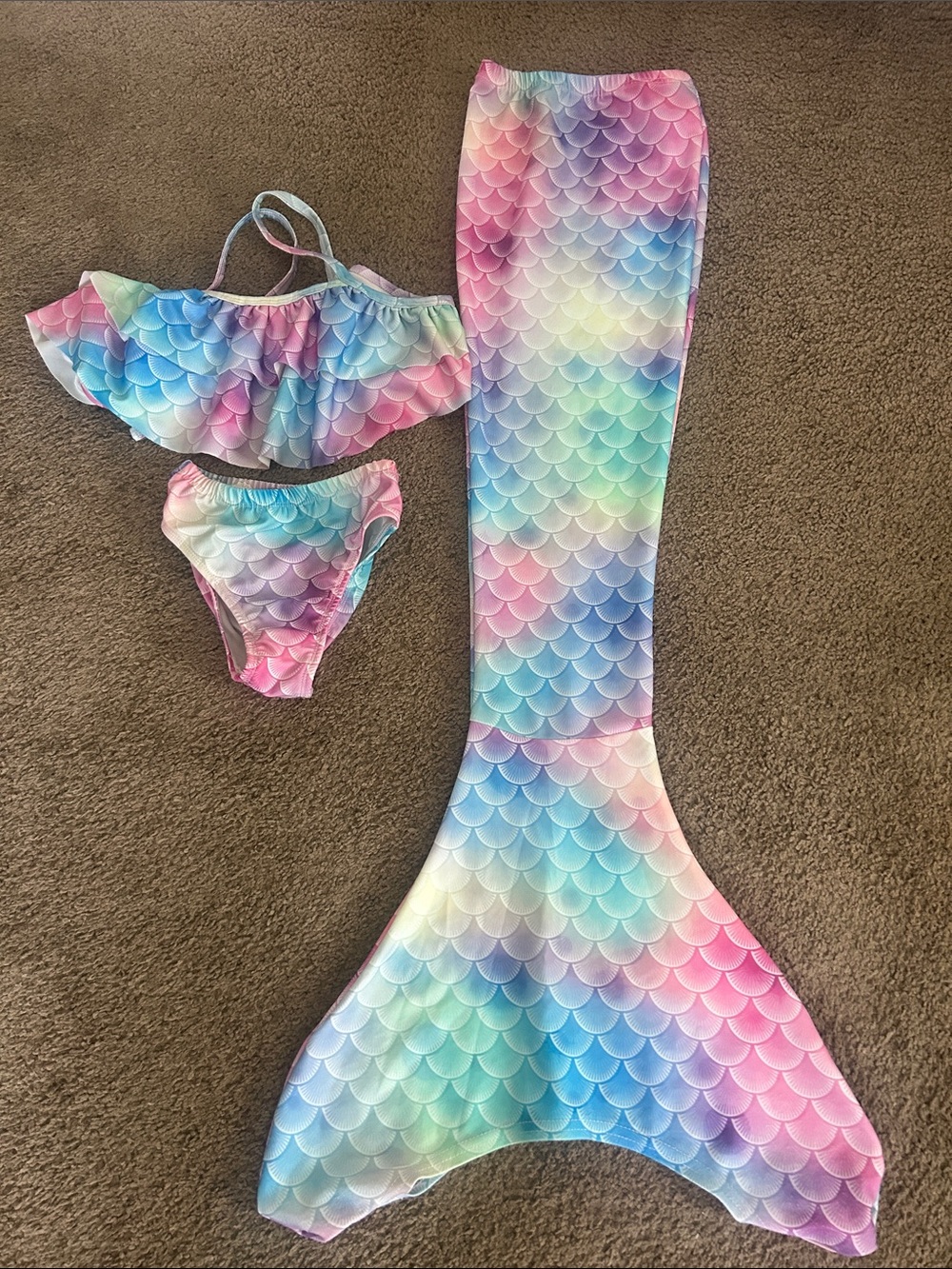 SHEIN Girls Rainbow Mermaid Bikini Set with Tail - Pastel Pink Blue Green
